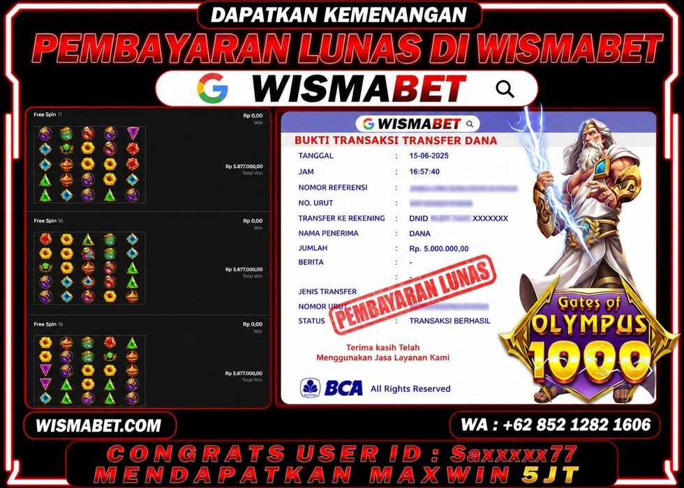 BUKTI KEMENANGAN Gates of Olympus 1000 Saxxxxx77 Rp5,000,000- LUNAS